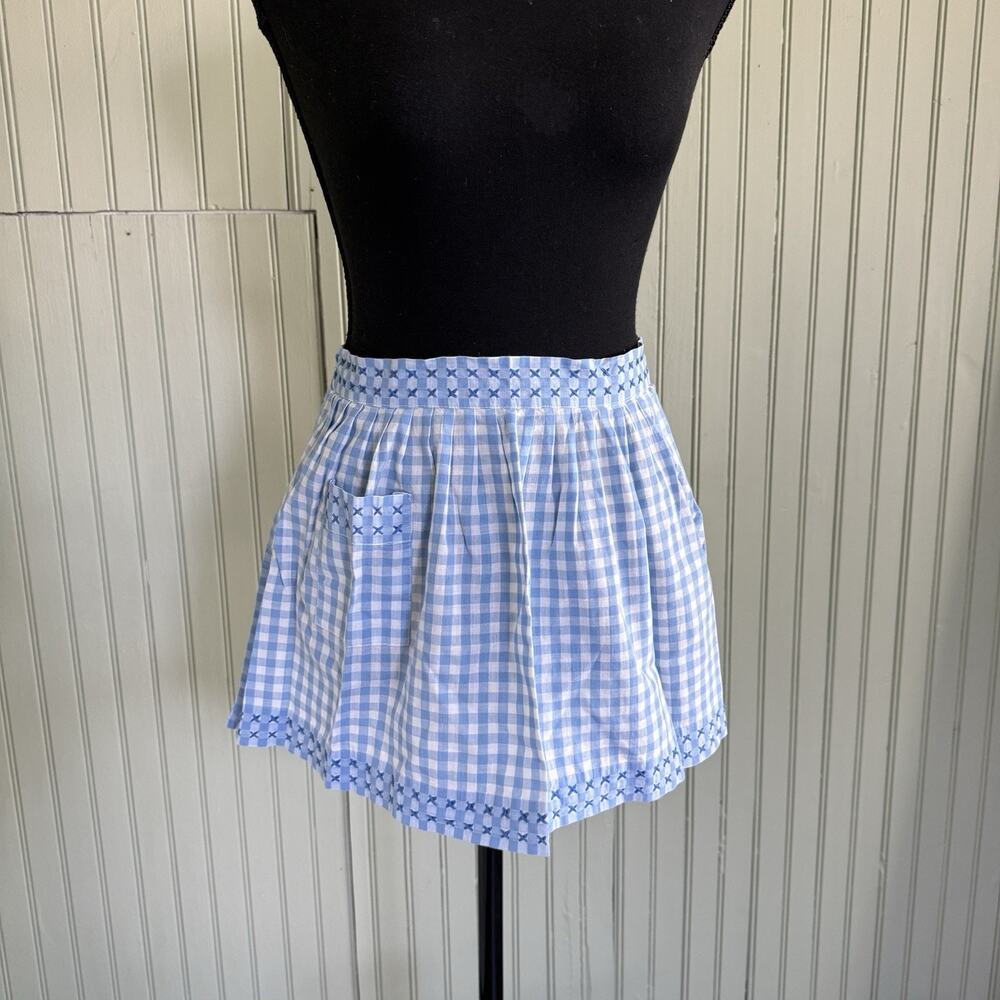 Vtg Hostess Half Apron Blue White MCM 50s Pocket Retro Tie Trad Cottage Gingham